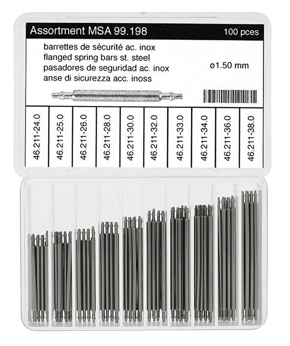 Assortment of spring bars 215E stainless steel white, Ø 1.5 length 24-38mm, pin with attachment