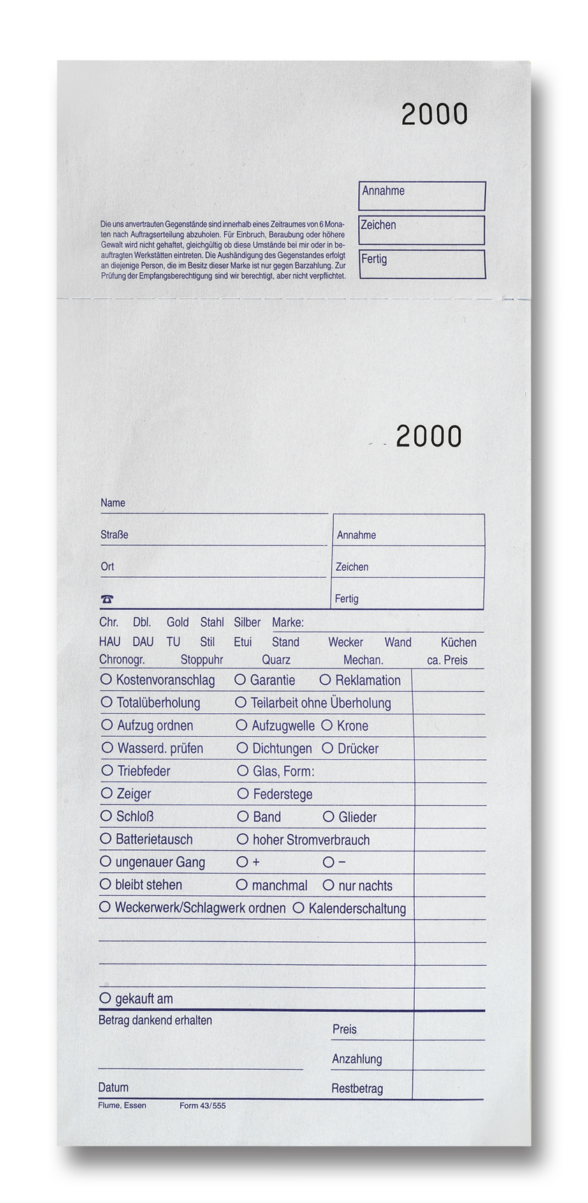 Reparaturtüten mit Aufdruck für Uhren nummeriert 1001-2000