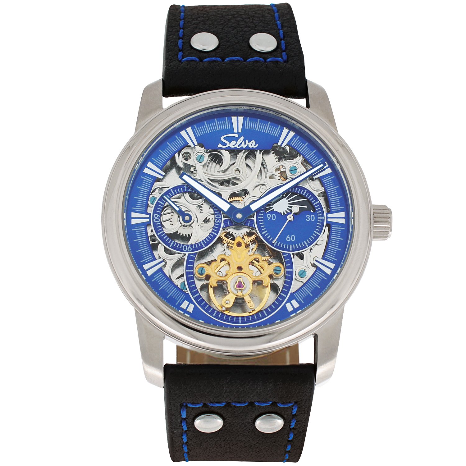 SELVA Herren-Armbanduhr »Ramon« - Sonne/Mond - skelettiert - Blue-Motion