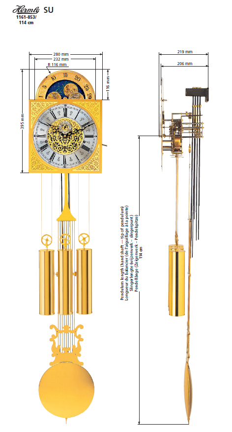 SU Hermle Grandfather Clock Movement, 7-days, Pendulum length 114 cm, with switching chime mouvement