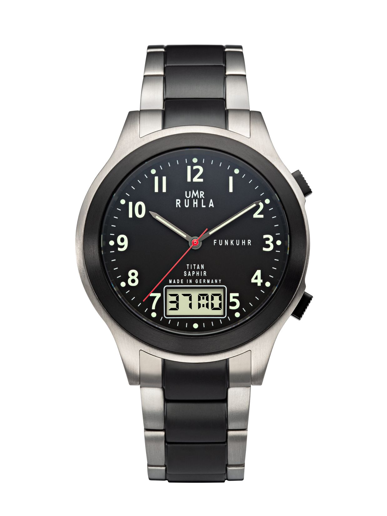 Uhren Manufaktur Ruhla - radio controlled wristwatch - black - titanium strap - made in Germany