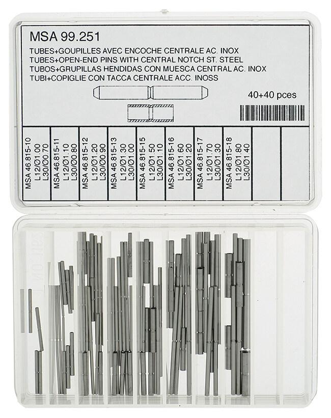 Bandhülsen und Stifte Sortiment Edelstahl Länge Hülse 12,00mm, Stift 30,00mm, Ø Hülse 1,00-1,80mm, Stift 0,70-1,40mm, Inhalt 80 Stk.