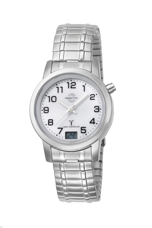 _ MasterTime Damen-Funkuhr Basic, silber/ weiß - mit Zugband - MTLA-10307-12M