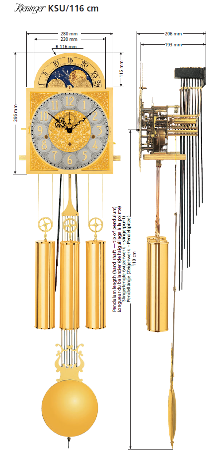 Standuhrwerk KSU Kieninger, 7-Tage, Pendellänge 110 cm, mit Umschaltschlagwerk