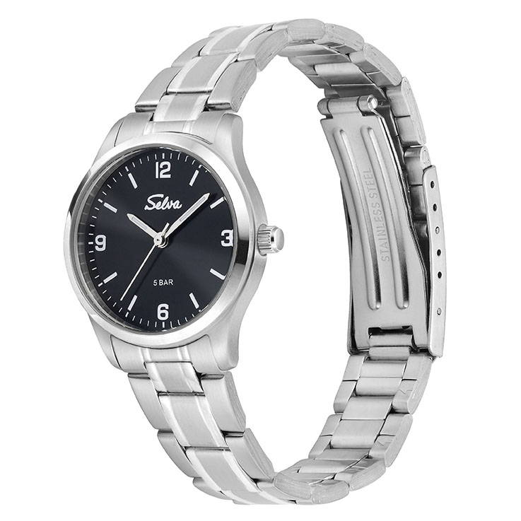 SELVA quartz wristwatch with stainless steel strap, black dial Ø 27mm