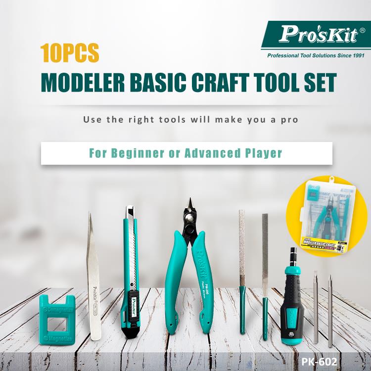 Tool set for model making - cutting, filing, screwing, picking up, magnetizing/demagnetizing