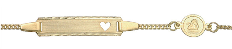 Id-armband goud 333/gg, vlakke schakels 14cm met uitgestanst hart en Amor hanger