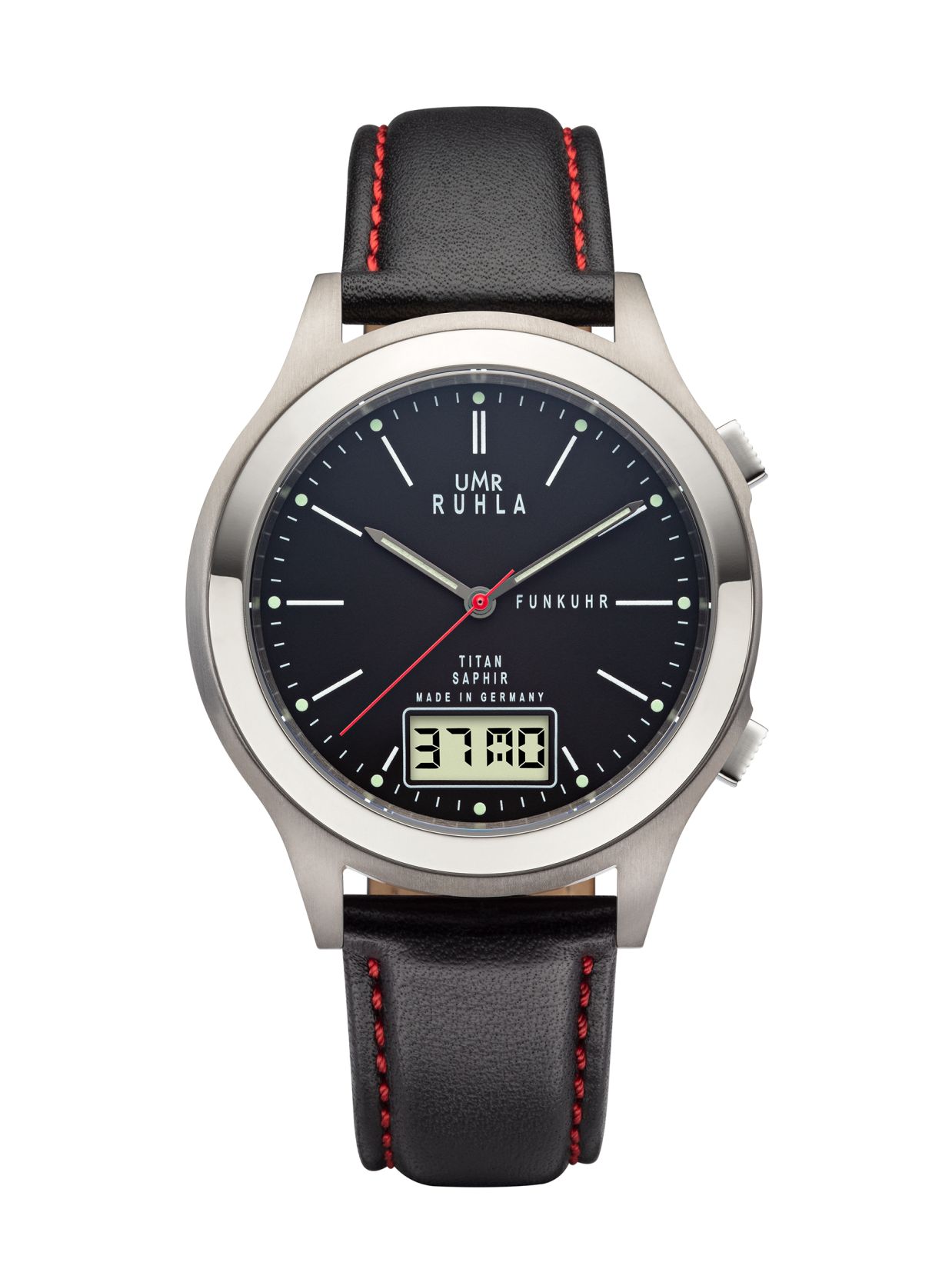 Uhren Manufaktur Ruhla - radio controlled wristwatch - black - leather strap - made in Germany