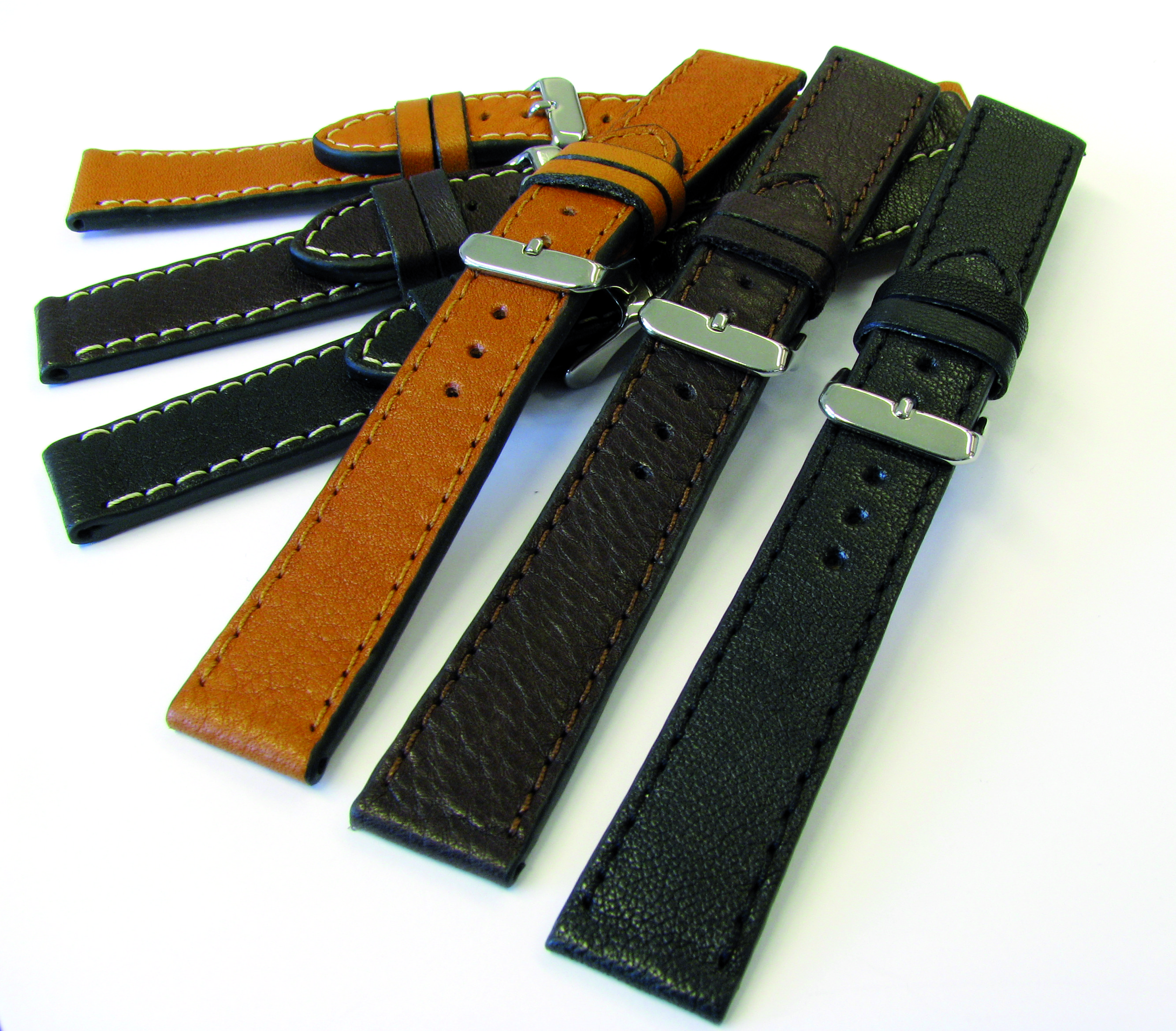Leather bands, 10-piece card, calfskin, eco, extremely soft, 18-22mm, black, dark brown, light brown