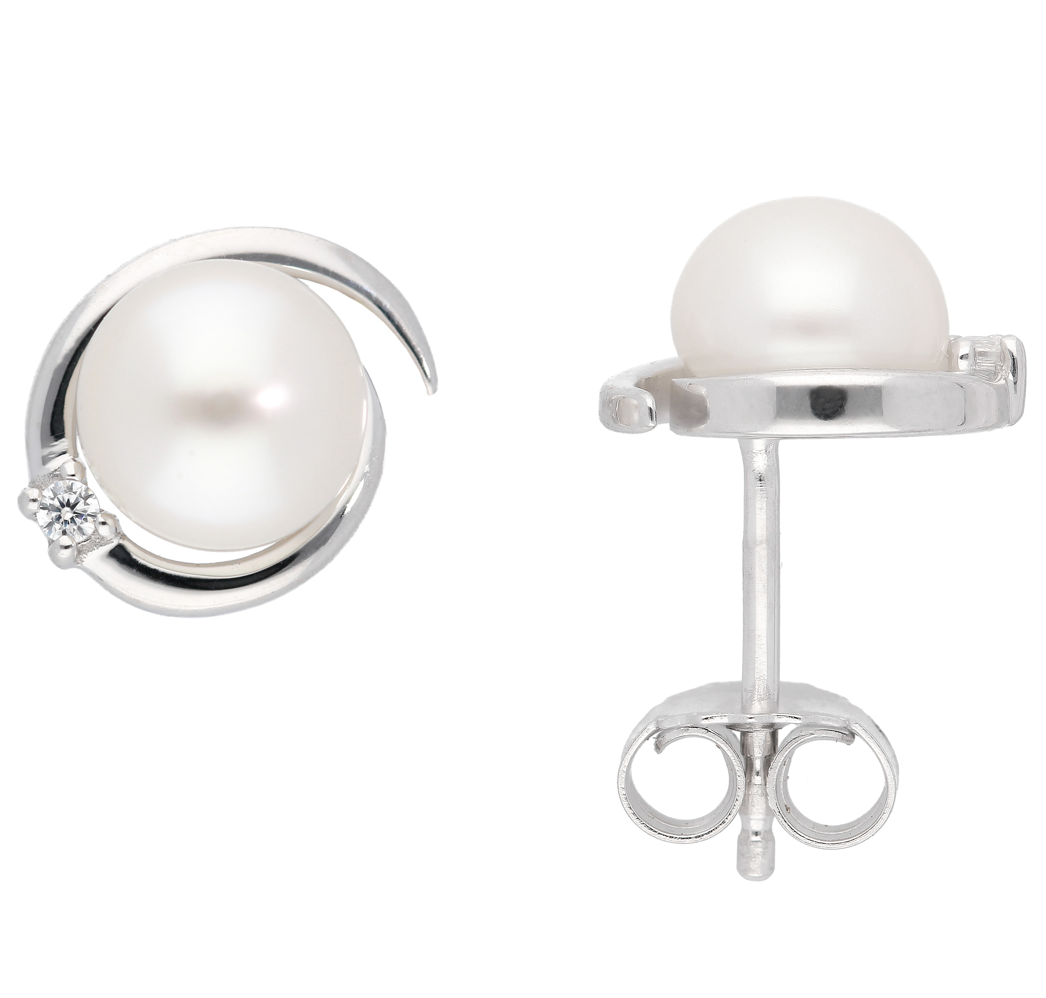 Ohrstecker 925/rh, Süßwasserzuchtperle und Zirkonia