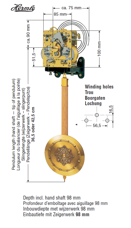 Federzugwerk MF Hermle, 14-Tage, Pendellänge 42,5 cm, mit Tonfederschlag