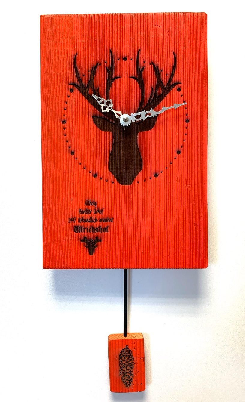 Reclaimed wood pendulum wall clock made in Germany Deer orange