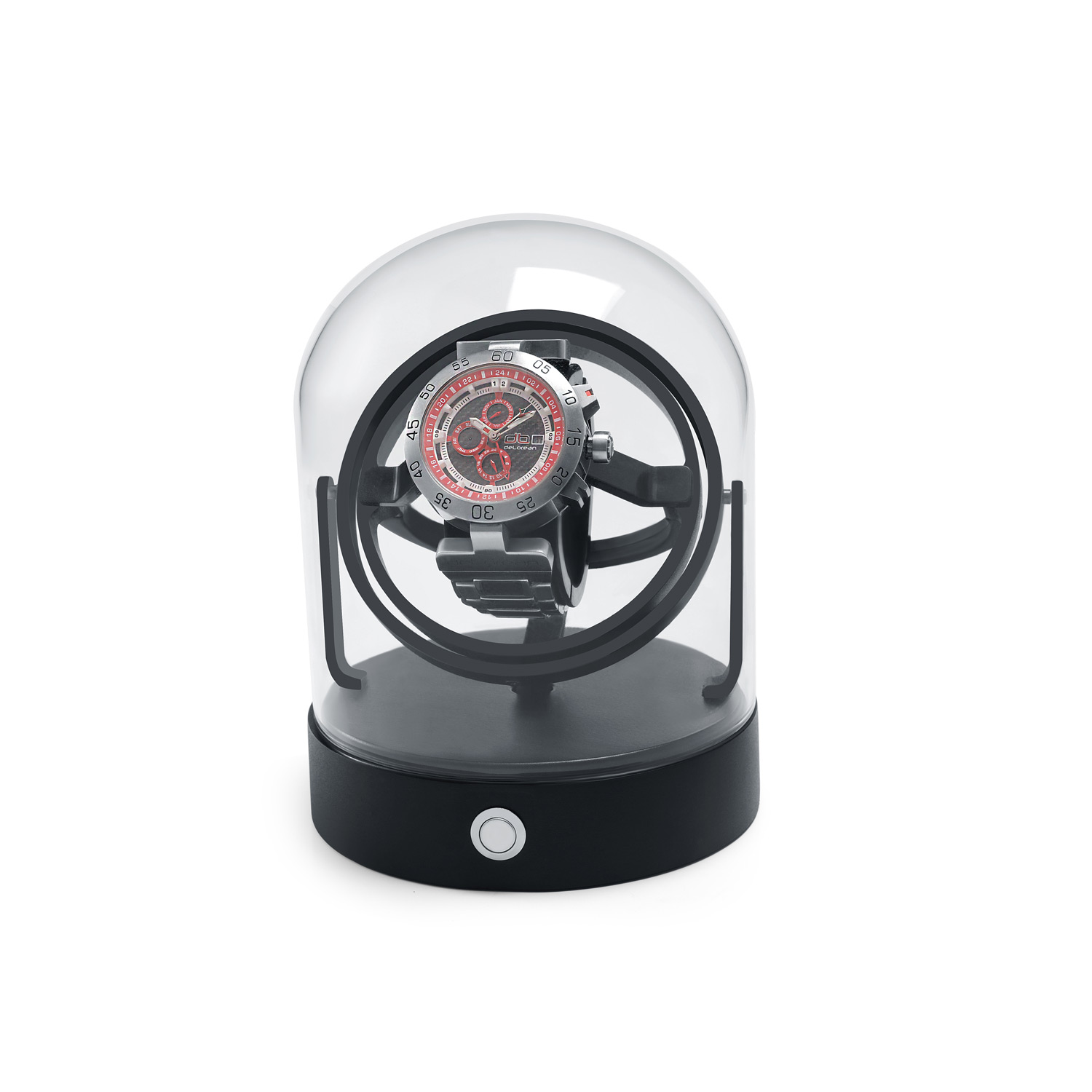 EEN VAN DE MOOISTE: 360° Horlogeopwinder met echt glazen stolp en metalen voet - Zwart