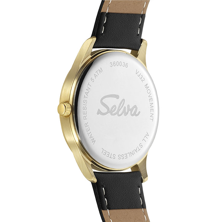 SELVA Kwarts horloge met Leren band, Witte wijzerplaat, Vergulde kast, Ø 39mm