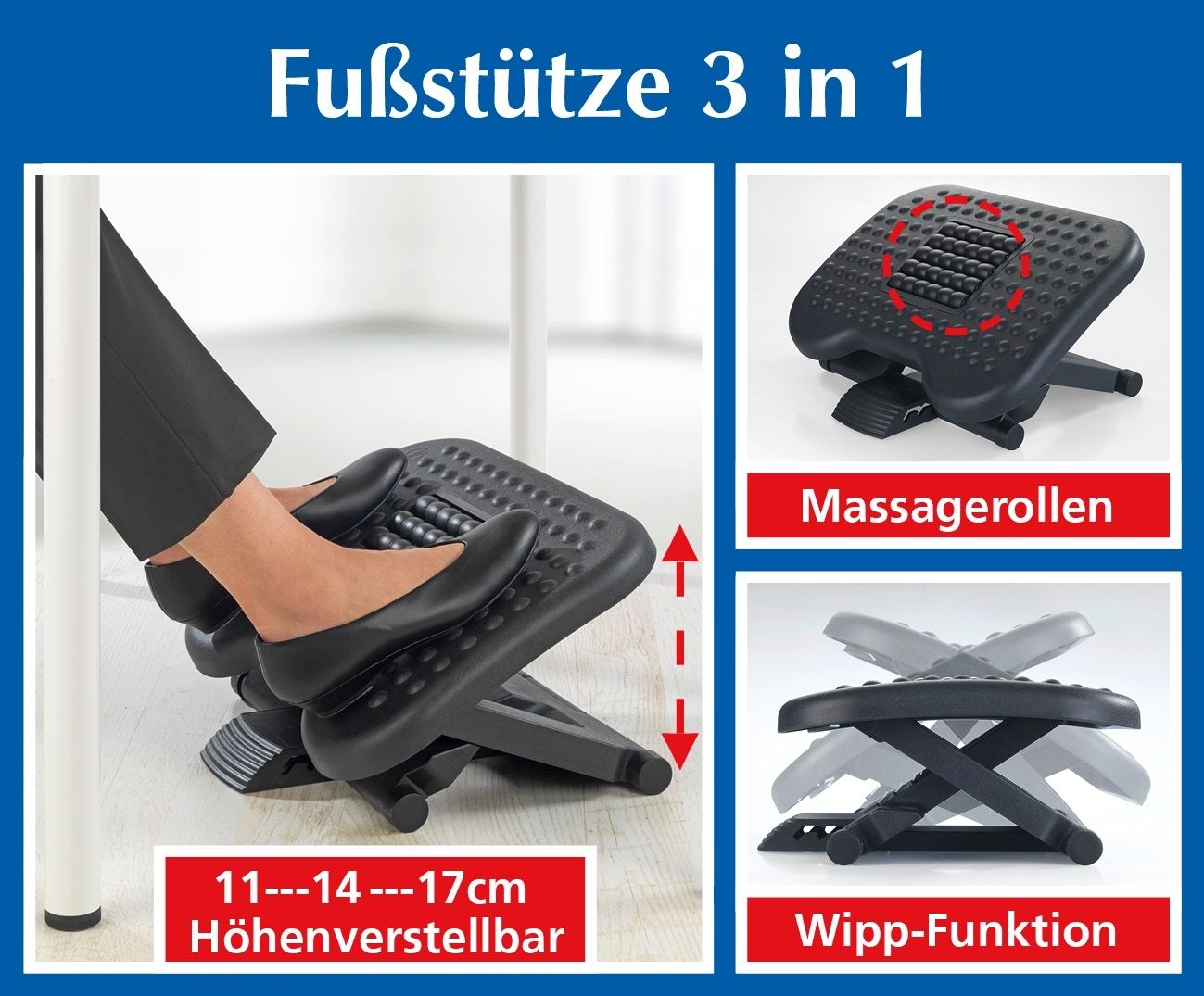 Footrest with massage rollers 3in1