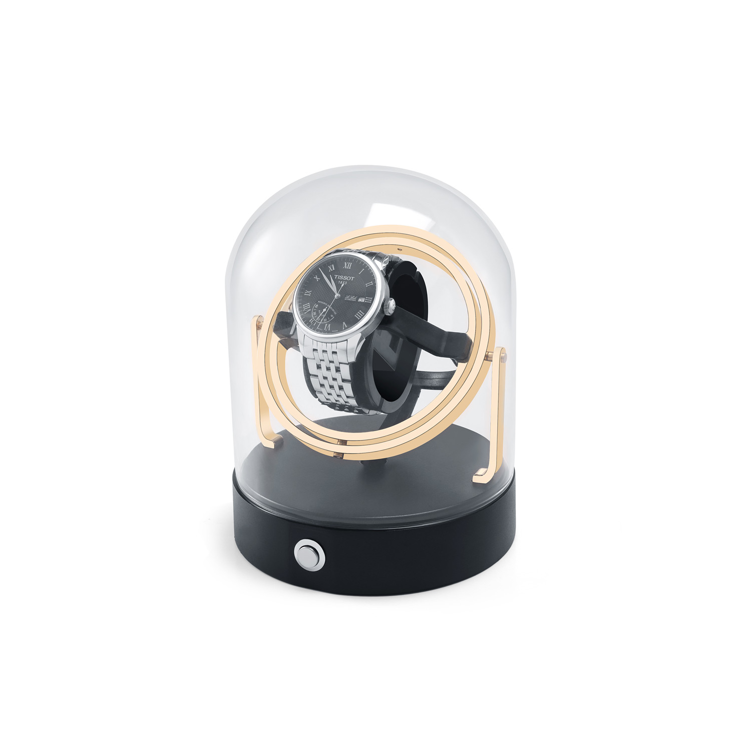 ONE OF THE MOST BEAUTIFUL: 360° watch winder with real glass dome and metal base - gold-plated