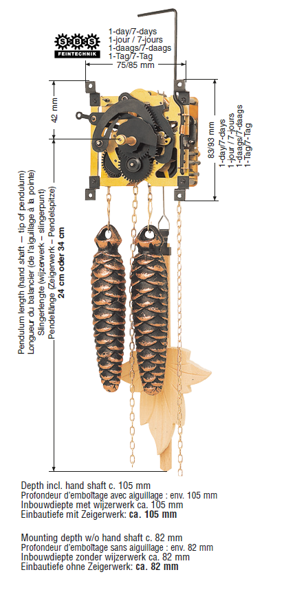 Cuckoo Movement SBS 25, 1-day, wooden pendulum 24cm, pinecone weights, chain, Gong spring