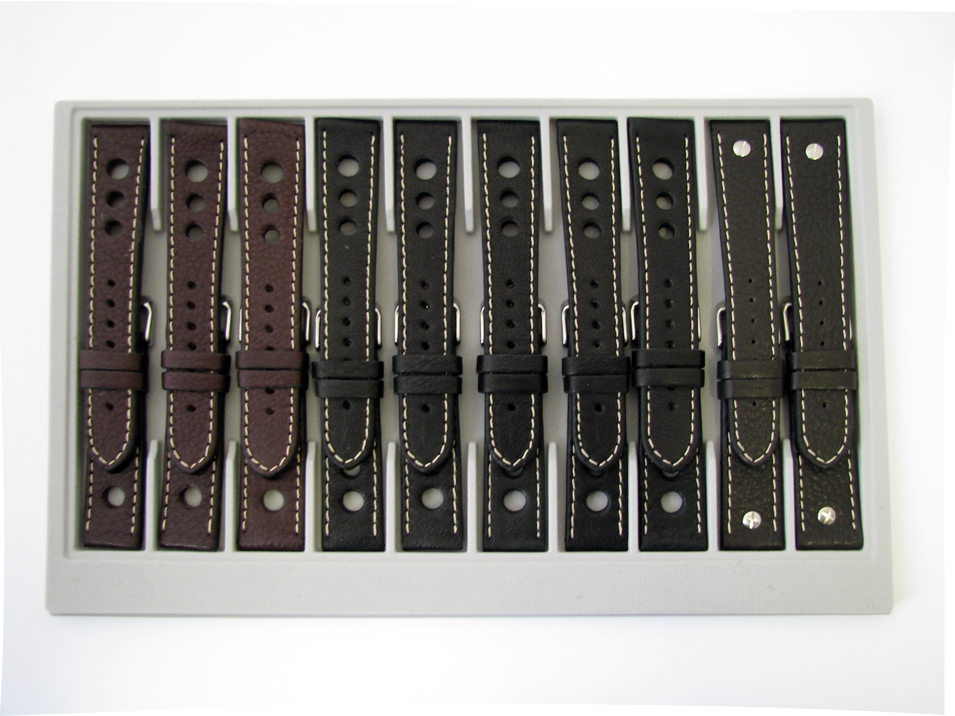 Leather bands, 10-piece card, calfskin, eco, extremely soft, bright stitching, 18-22mm, black, dark brown