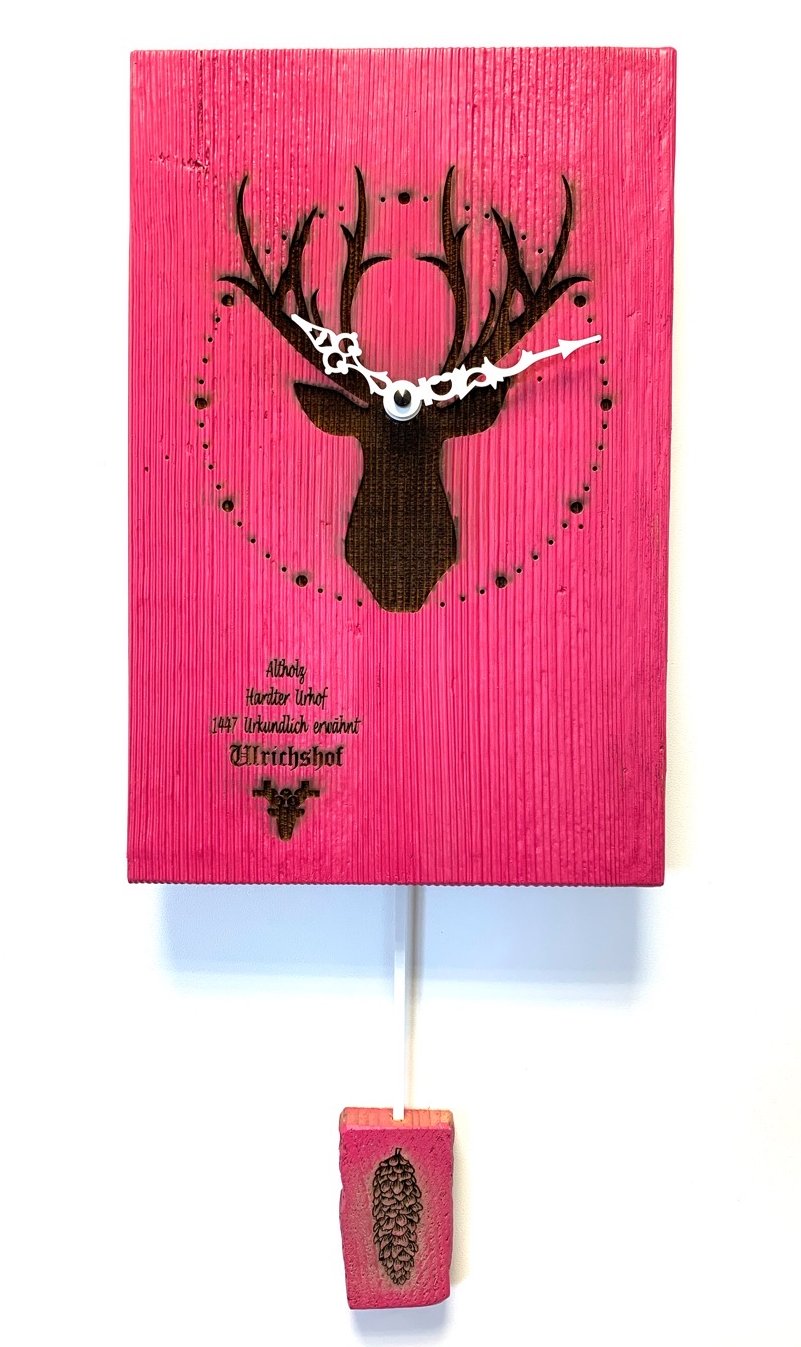 Reclaimed wood pendulum wall clock made in Germany Deer pink