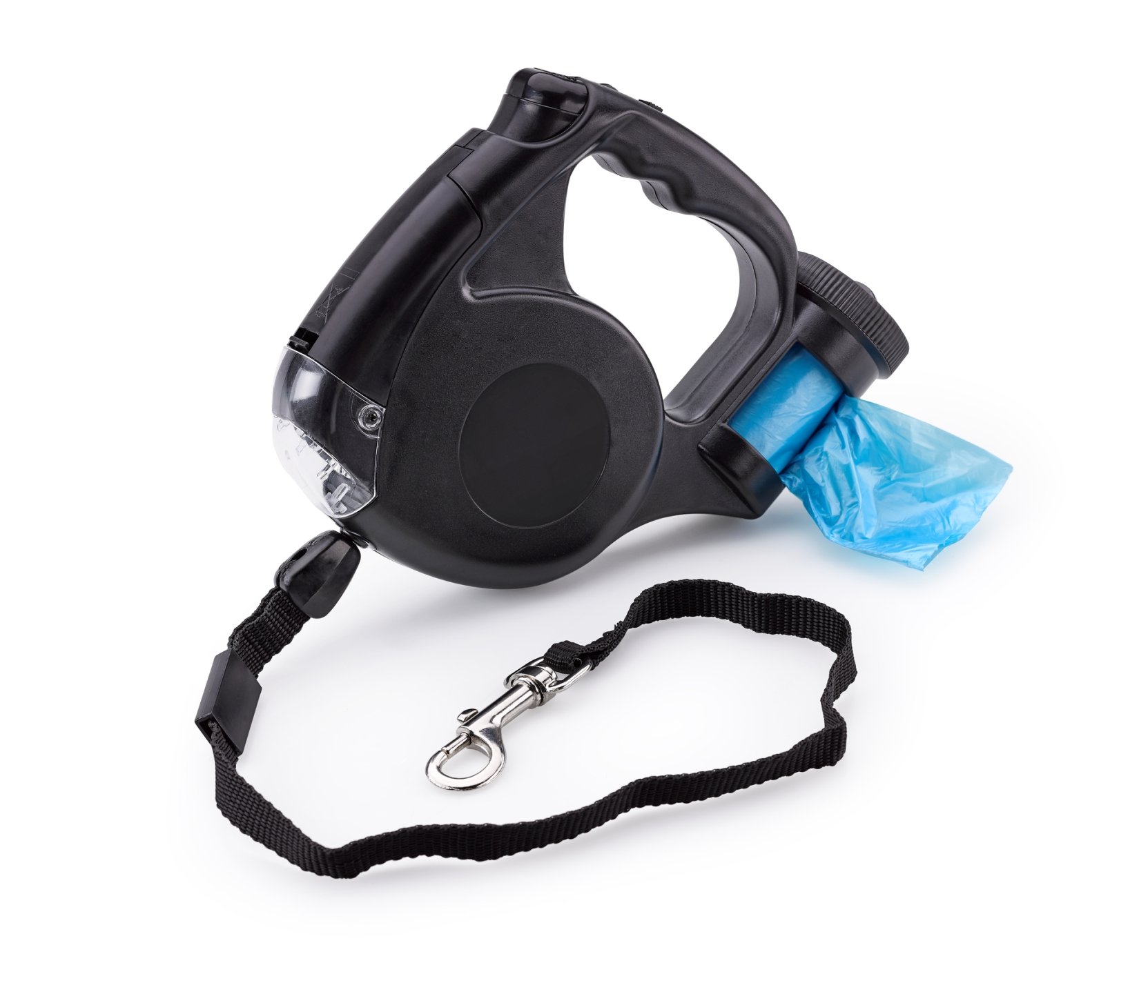 Dog leash with LED light and poop bag dispenser