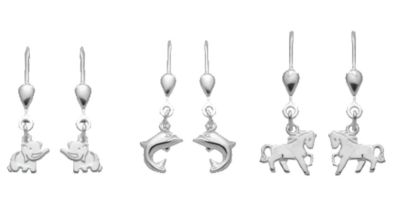 Dropped earrings with omega back 3 pairs silver 925/-, animal designs