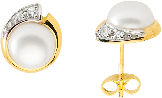 Ear studs gold 333/rh, zirconia/freshwater pearl