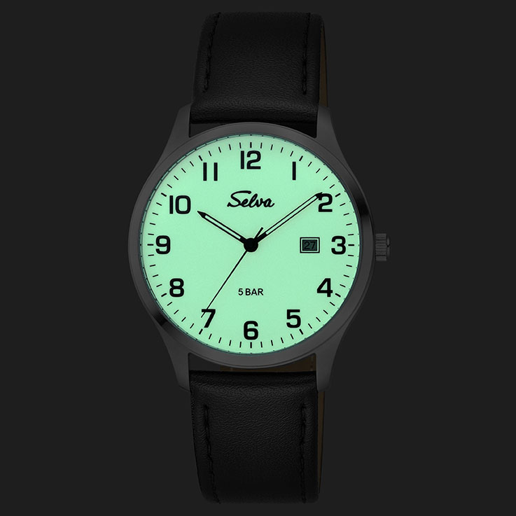 SELVA Quarz-Armbanduhr mit Lederband Zifferblatt leuchtend Ø 39mm