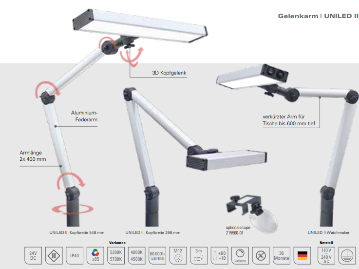 Werkbanklamp UNILED II UHRMACHER 19 Watt - met verkorte arm speciaal voor korte werkbanken