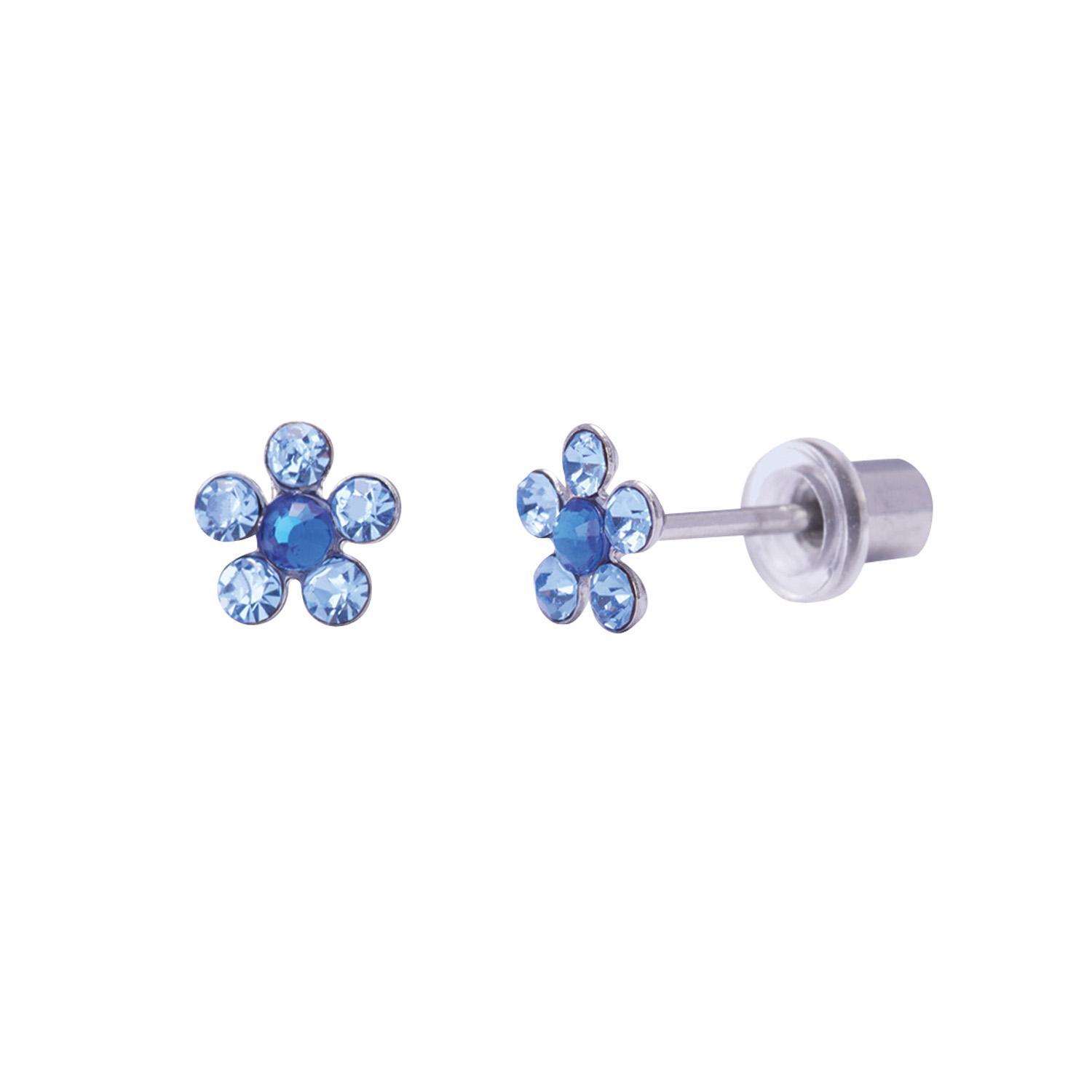 Ohrlino Erstohrstecker Blume, weiß, 5 Kristalle saphirblau