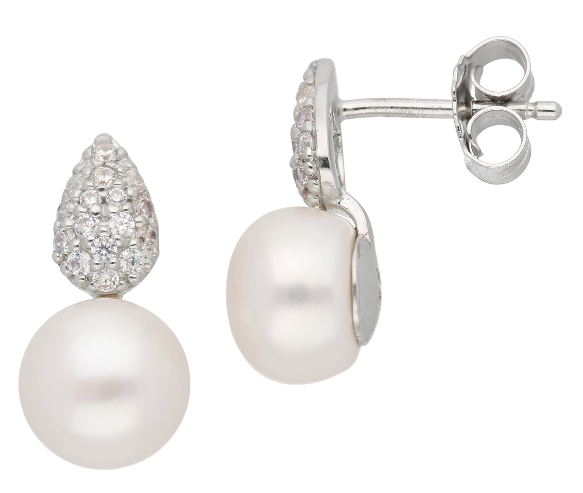 Ohrstecker 925/rh, Süßwasserzuchtperle und Zirkonia