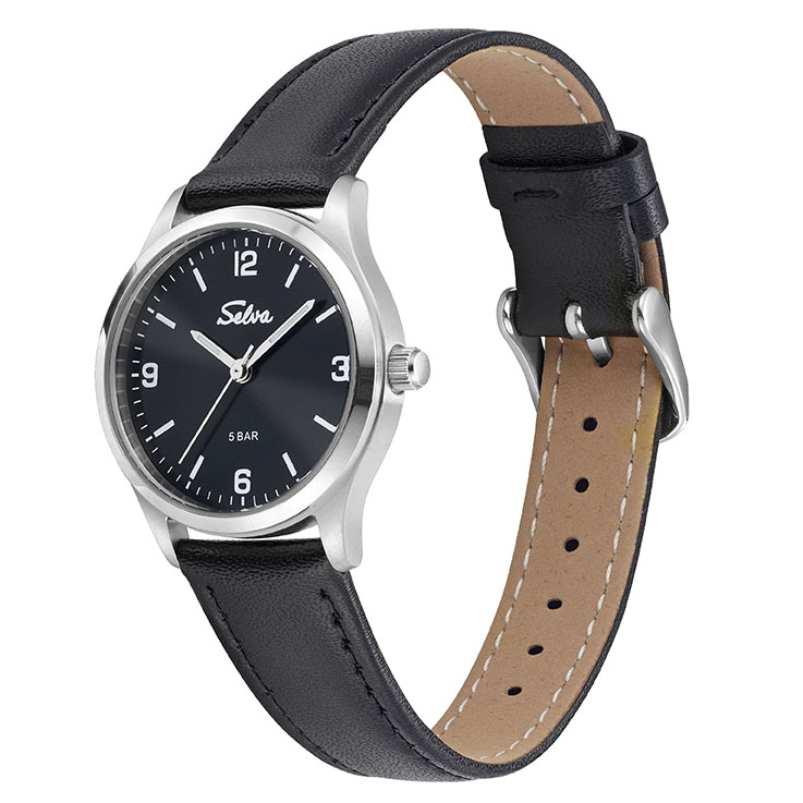 SELVA Kwarts horloge met Leren band, Zwarte wijzerplaat, Ø 27mm