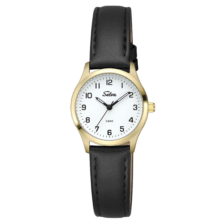 SELVA quartz wristwatch with leather strap White dial, gold-plated case Ø 27mm