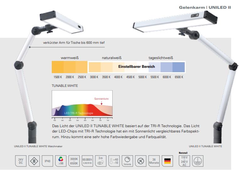 Werkbanklamp UNILED II zonlicht UHRMACHER 20 Watt - dimbaar