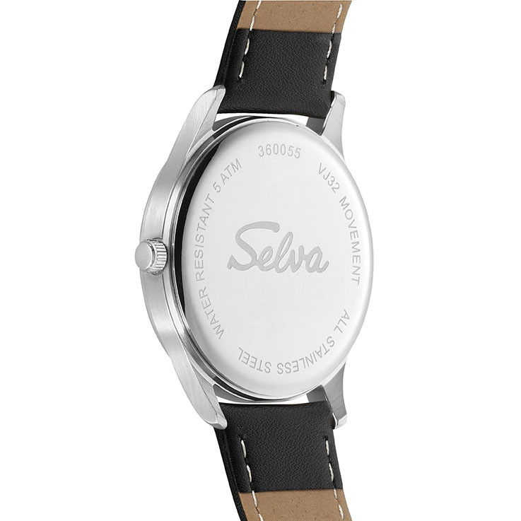 SELVA Kwarts horloge met Leren band, Zwarte wijzerplaat, Ø 39mm