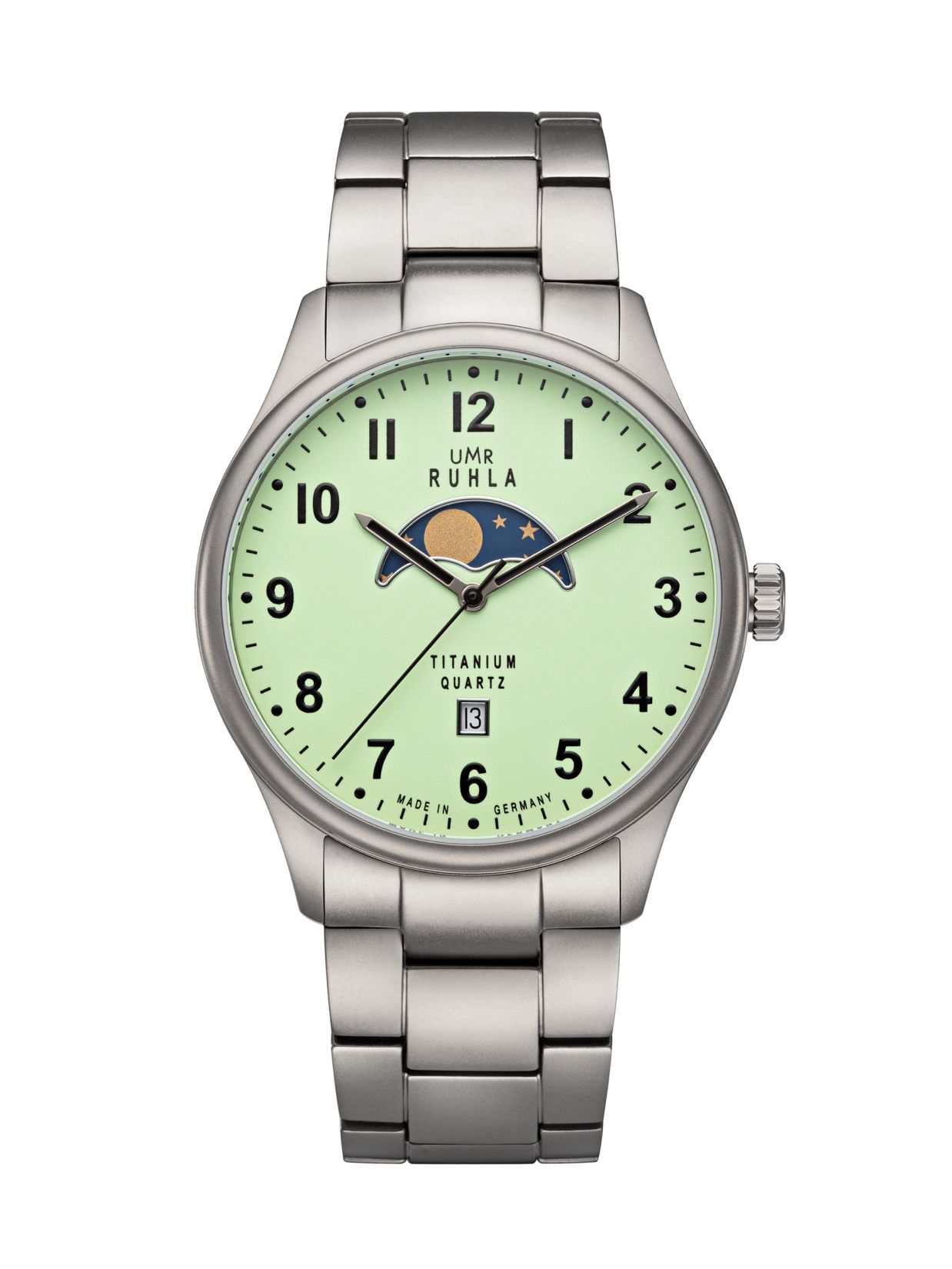 Uhren Manufaktur Ruhla - Mondphase-Uhr - Titan - Leuchtzifferblatt - Titanband - made in Germany