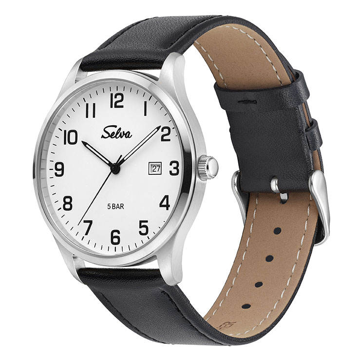 SELVA Quarz-Armbanduhr mit Lederband Zifferblatt weiß Ø 39mm