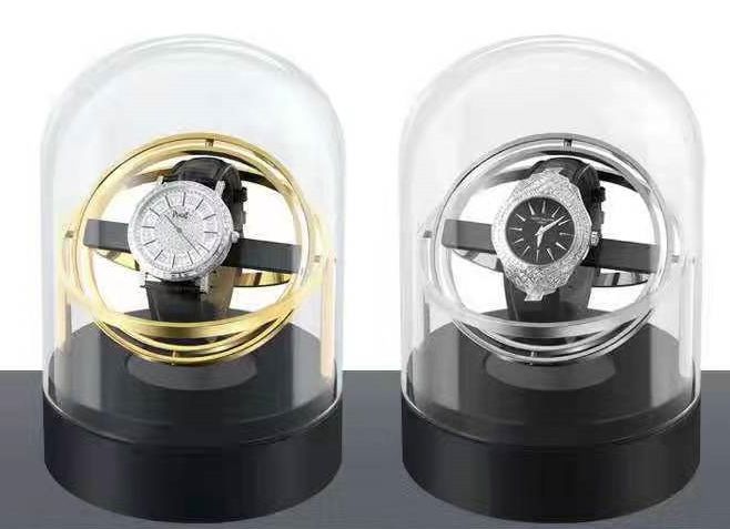 EINER DER SCHÖNSTEN: Uhrenbeweger 360° mit Echtglasdom und Metallsockel - vergoldet