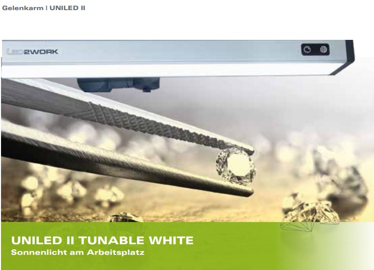 LED-Arbeitsplatzleuchte UNILED II TUNABLE WHITE Gelenkarm, 20W, 3000~6500K, Leuchtenbreite 380 mm