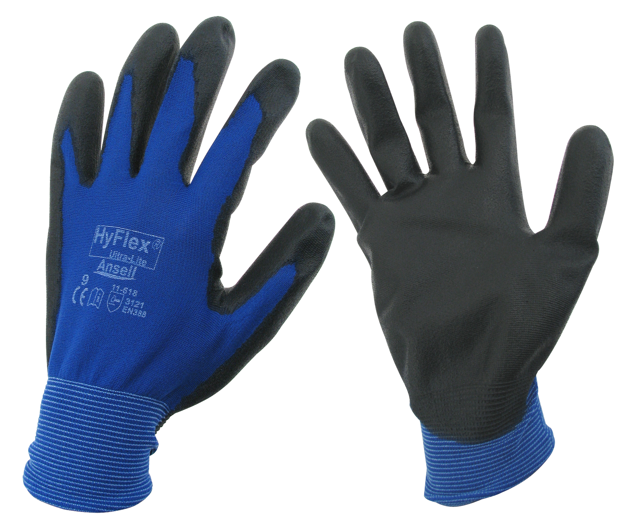 Work gloves size 9, PU coated, blue/black