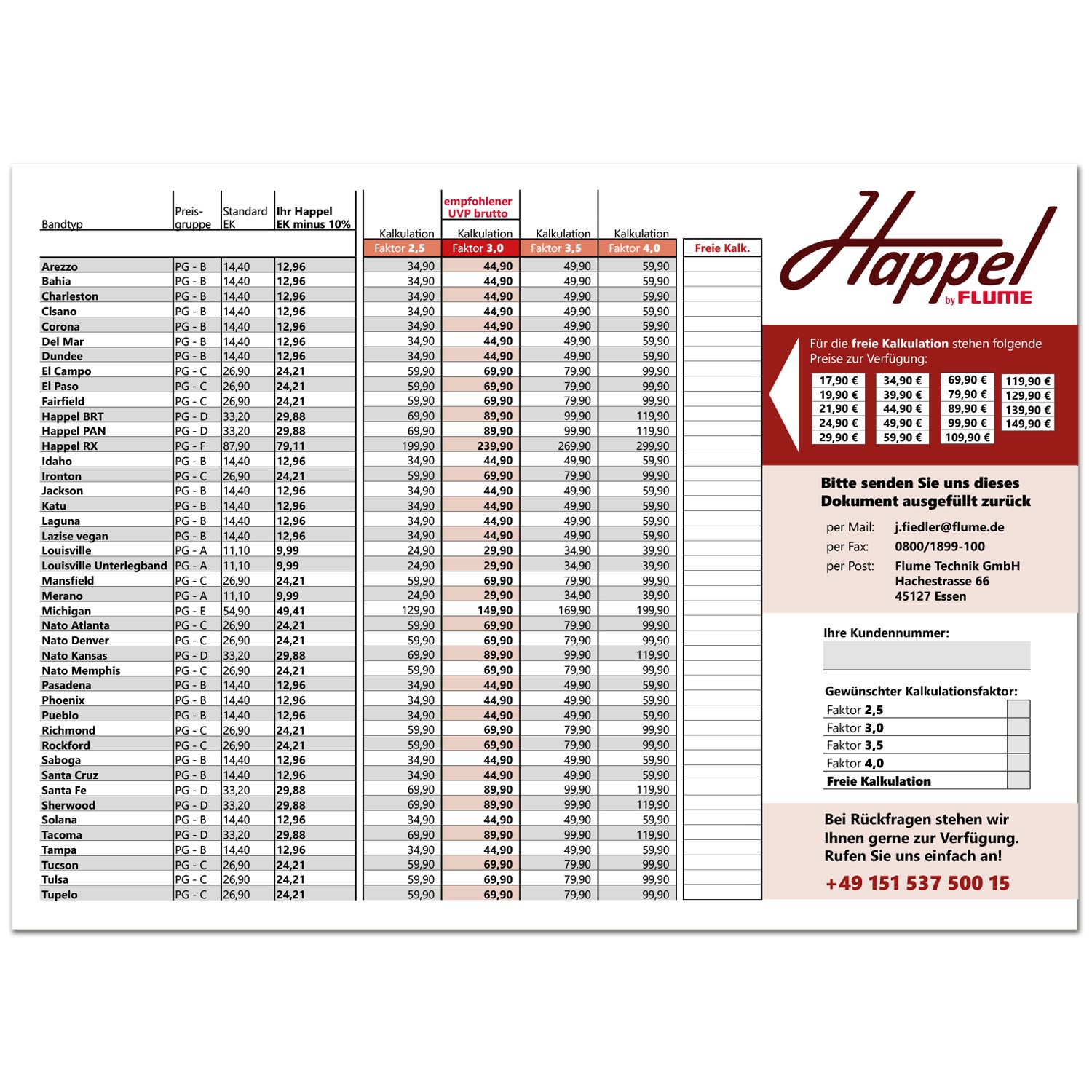 Happel Kalkulationsliste DIN A4