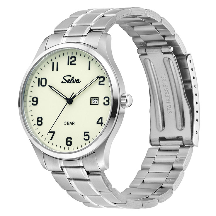 _ SELVA Quarz-Armbanduhr mit Edelstahlband Zifferblatt leuchtend Ø 39mm