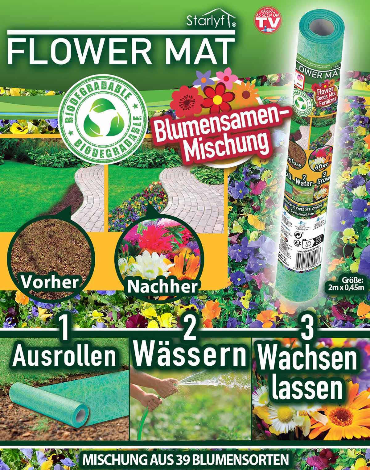 Bloemzaadmat met 39 soorten bloemen - gewoon uitrollen, water geven en laten groeien!