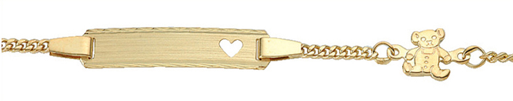Id-Armband Gold 333/GG, Flachpanzer 14cm mit ausgestanztem Herz und Bäranhänger