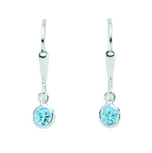 Dropped earrings with omega back 925/rh/zirconia light blue, 4.6 mm