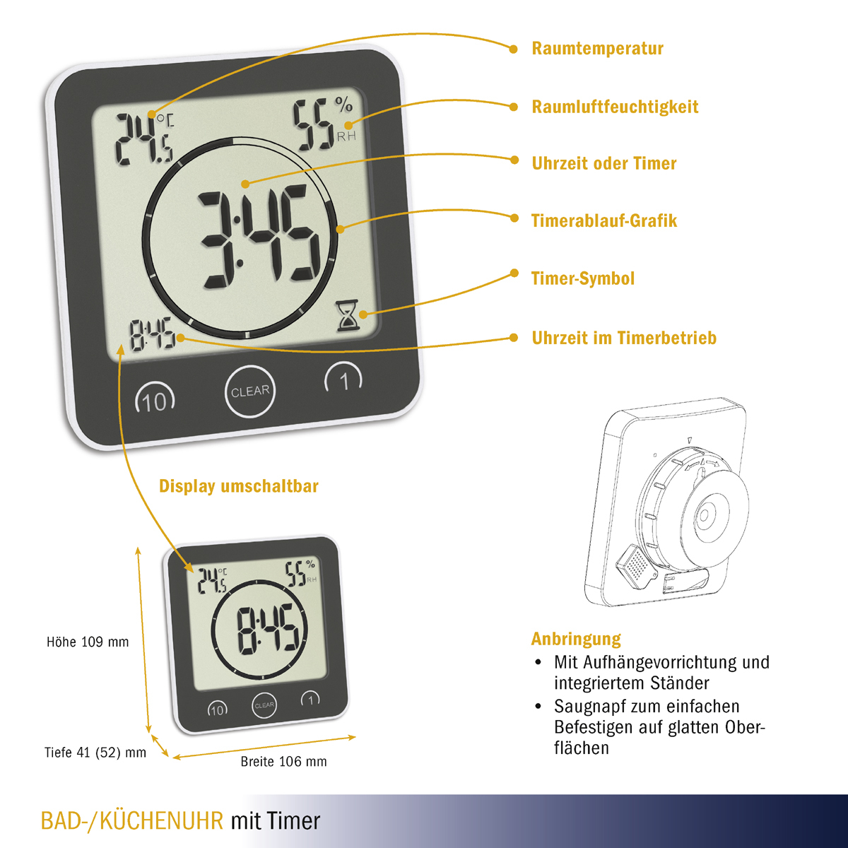 TFA bathroom clock / kitchen clock with timer