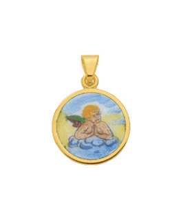Medal gold 585/GG Cupid, round, back, engraved:
