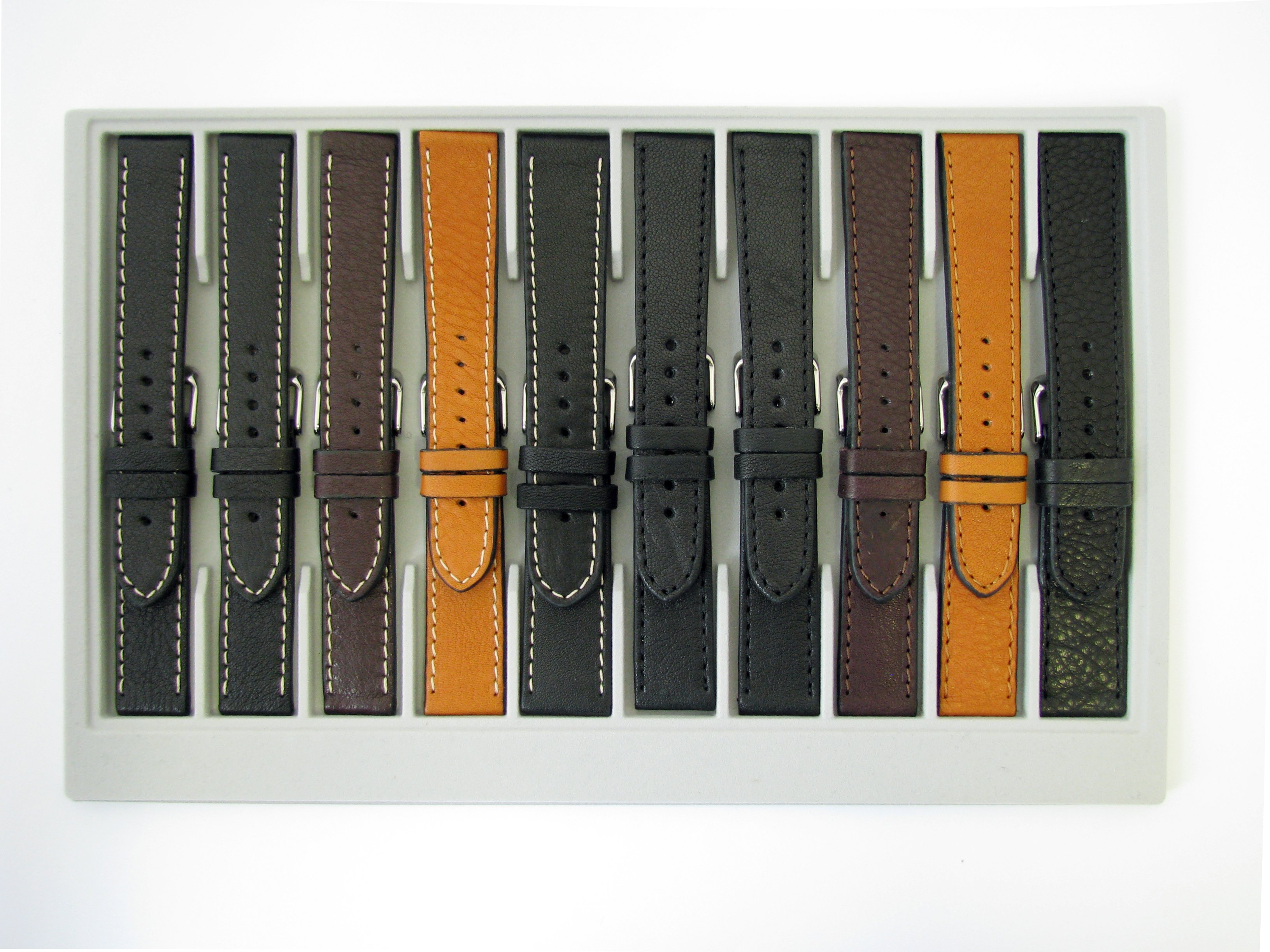 Lederbänder 10er-Karte Kalb ökologisch extrem weich 18-22mm schwarz, dunkelbraun, hellbraun