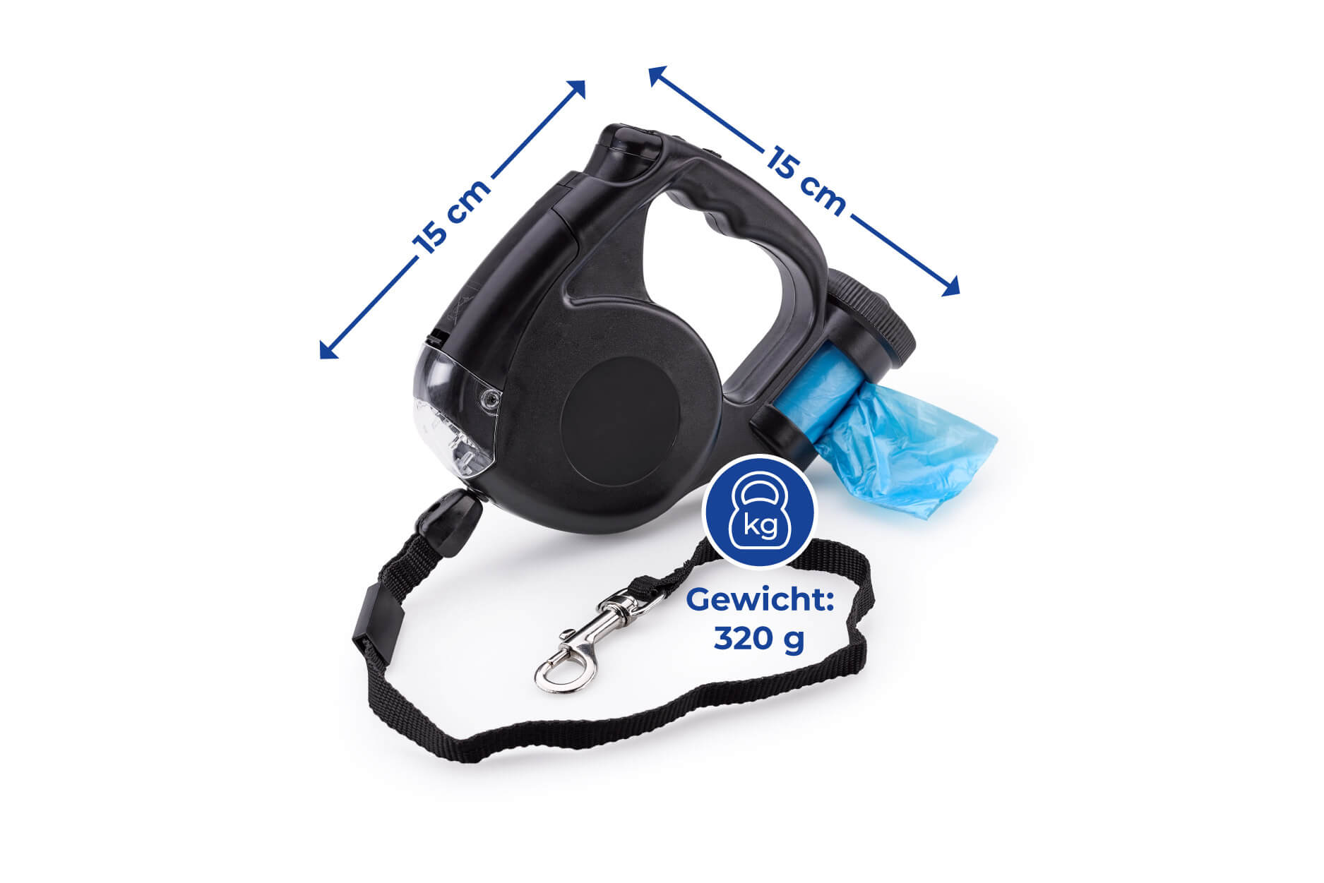 Dog leash with LED light and poop bag dispenser