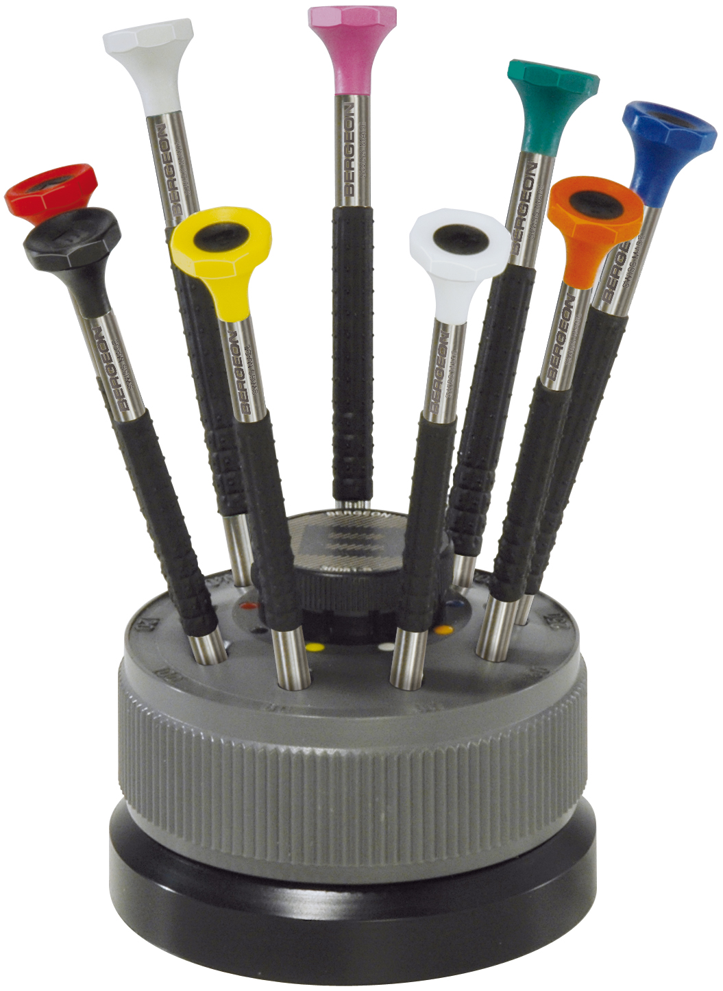 Screwdriver assortment, 9 pieces with Delrin handle on revolving base and stainless steel blades Bergeon