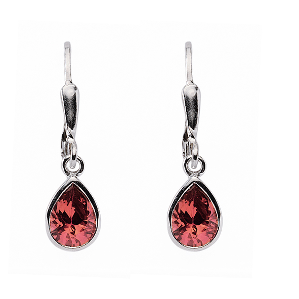 Dropped earrings with omega back 925/rh/zirconia ruby red